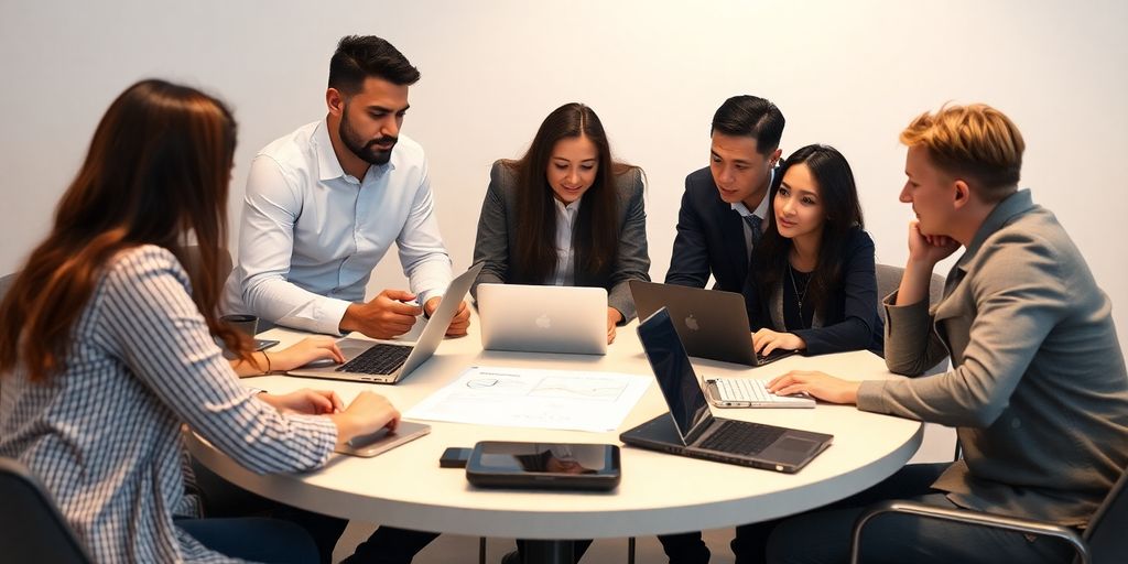 Diverse team collaborating in a modern office setting.