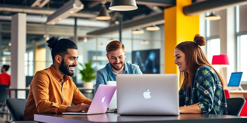 Marketing team collaborating with technology in a modern office.
