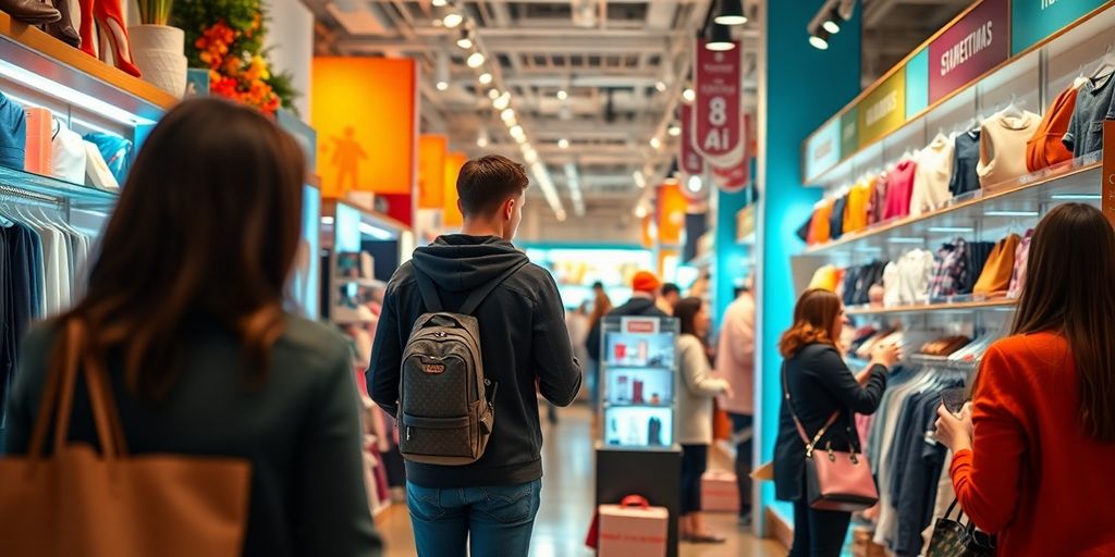E-commerce products with shoppers engaging in a digital environment.