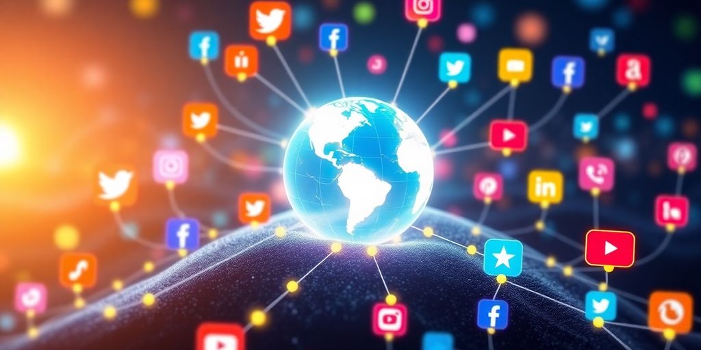 Colorful digital landscape with social media icons and globe.