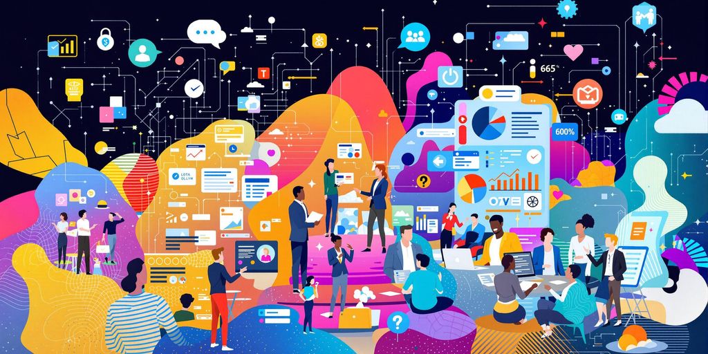 Diverse professionals collaborating with digital data streams around them.