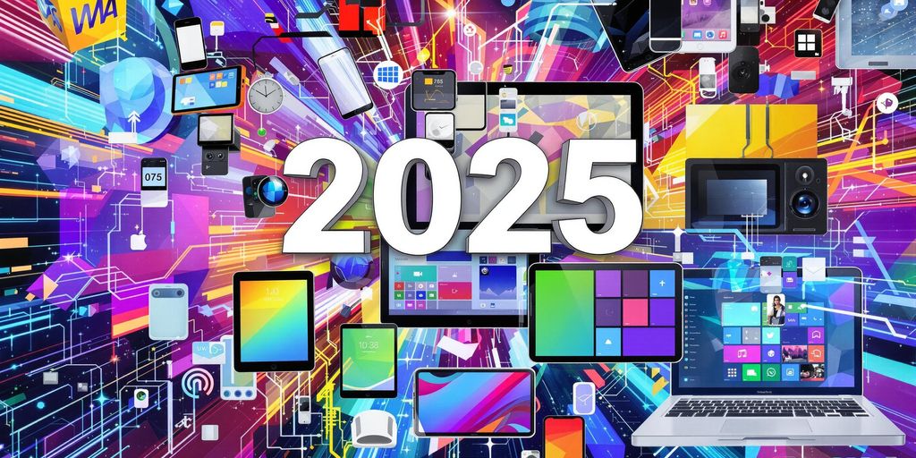 Vibrant digital devices against a futuristic background.