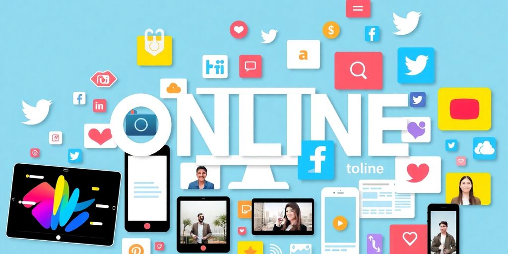 Collage of digital devices and social media icons for online presence.