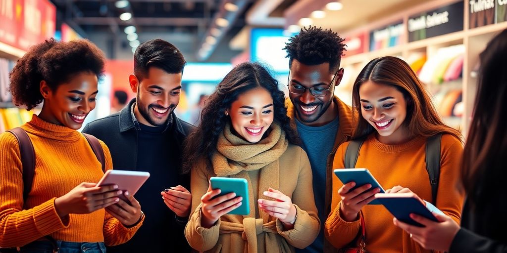 Diverse customers engaging with digital devices in a retail setting.