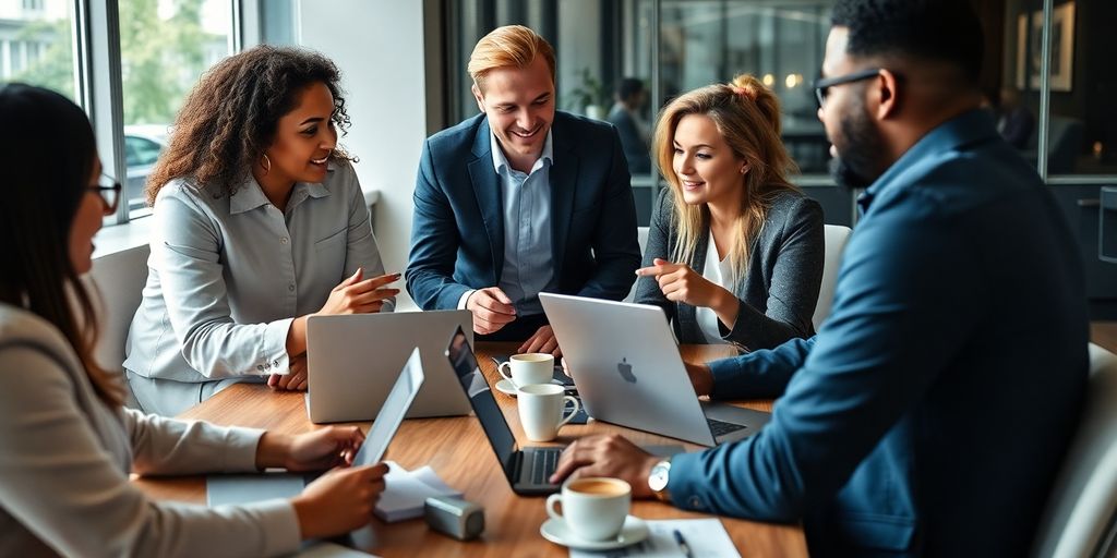 Team of professionals collaborating in a modern office.