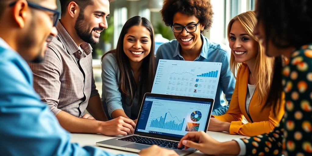 Professionals collaborating around a laptop discussing customer insights.