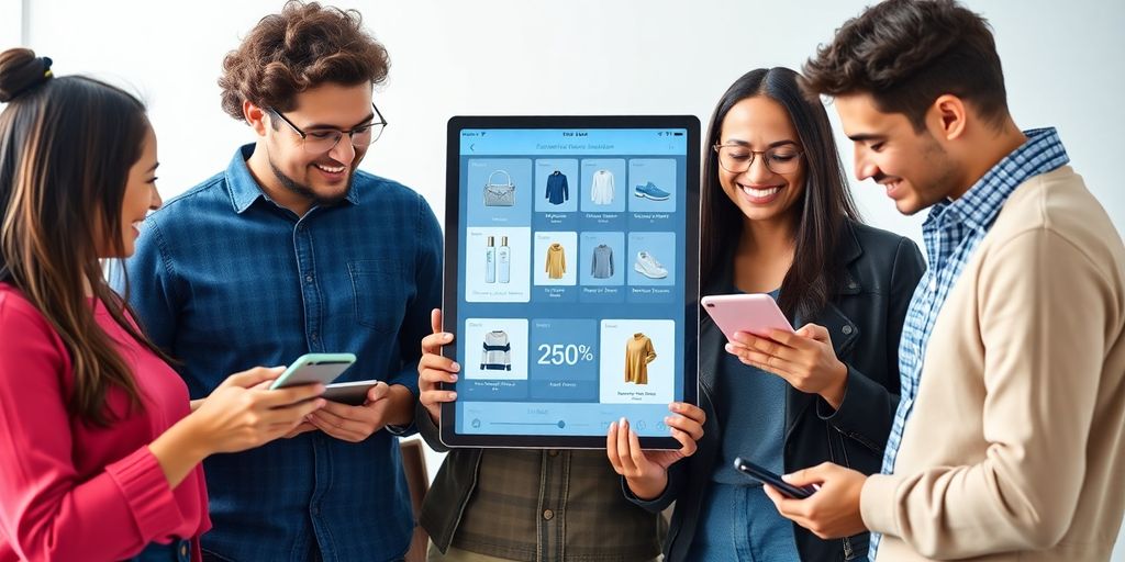 Diverse customers using digital product recommendations on devices.