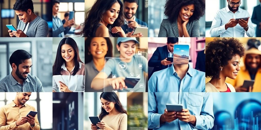 Diverse consumers interacting with technology for business insights.