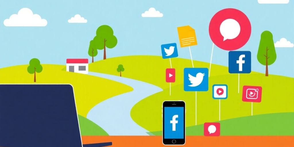Laptop, smartphone, and social media icons in digital landscape.
