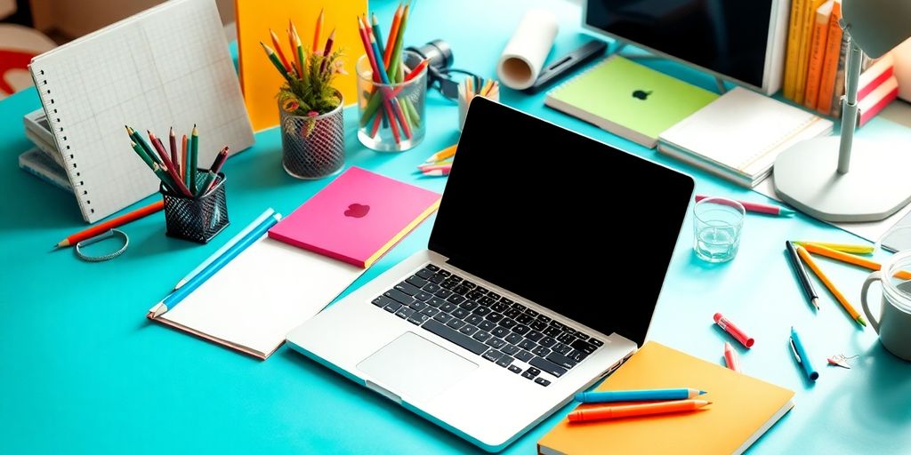 Creative workspace with laptop and colorful notebooks.