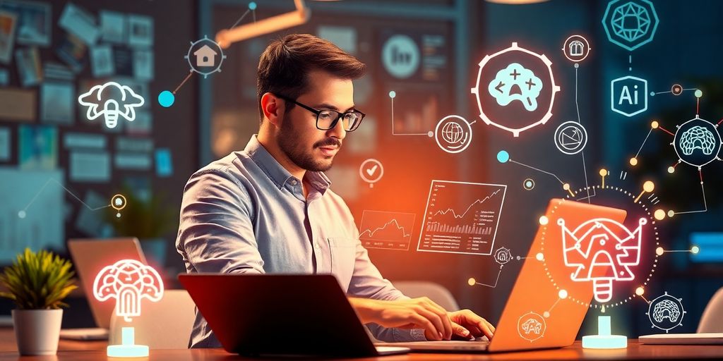 Business person analyzing data with AI elements around.