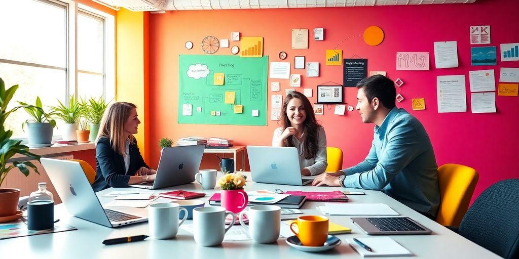 Digital marketing workspace with laptops and creative materials.
