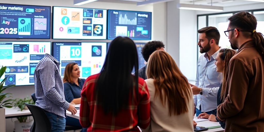 Diverse marketers collaborating in a modern office setting.
