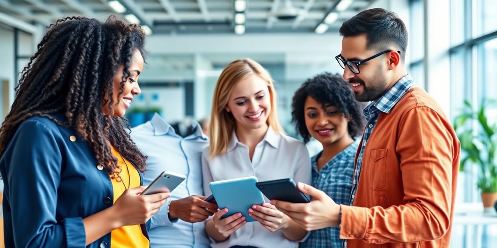 Diverse team collaborating on customer insights in an office.