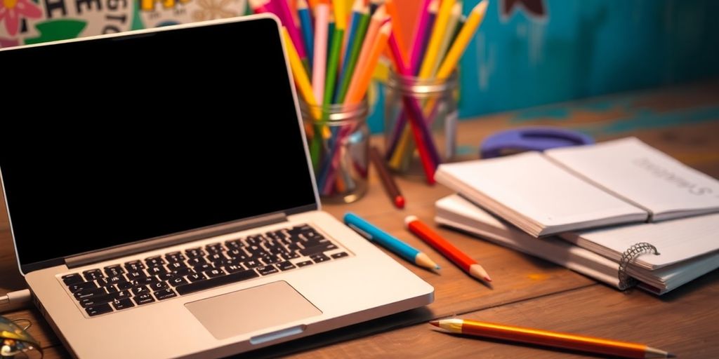 A colorful workspace with a laptop and creative tools.