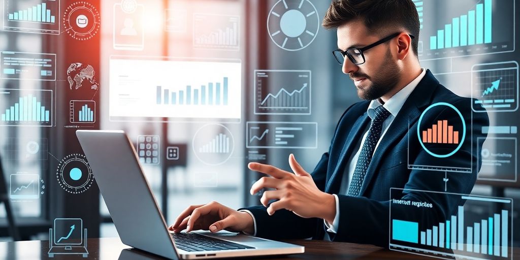 Business professional with laptop analyzing real-time consumer data.