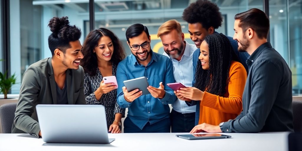 Diverse team collaborating on customer insights in a workspace.