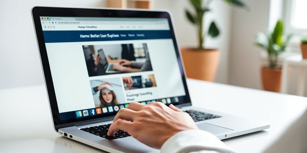 Person optimizing website on laptop in a bright workspace.