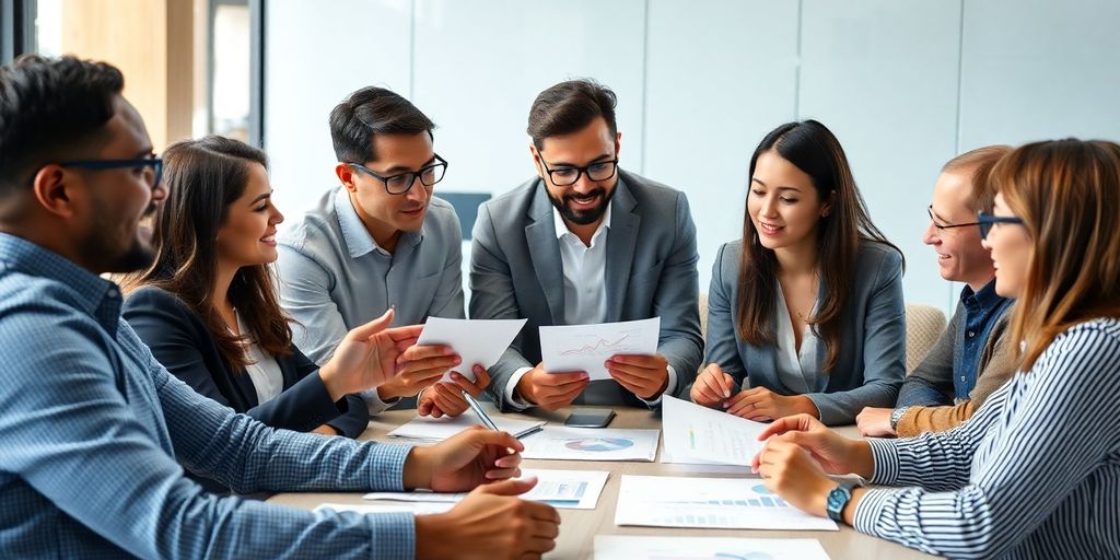 Business professionals collaborating in a modern office setting.