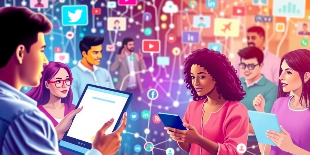 Diverse people engaging in online networking and social media.