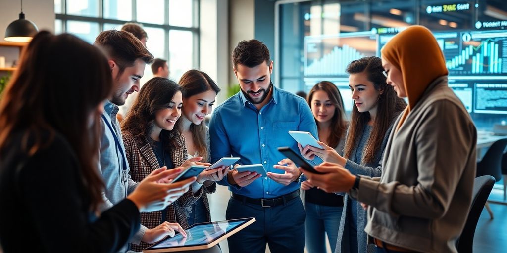Group analyzing data in a modern digital workspace.