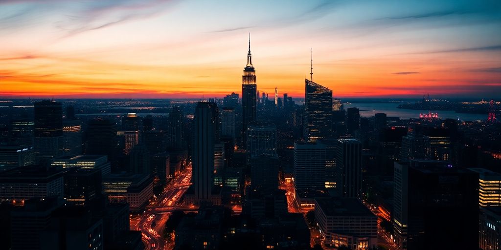 City skyline at dusk with bright lights and opportunities.