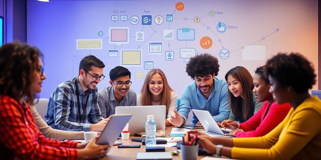Diverse team brainstorming digital marketing strategies for online growth.