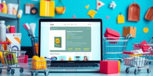 Laptop with product recommendations and shopping items around it.