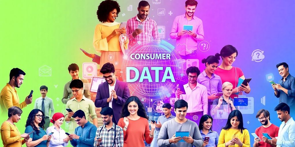 Diverse consumers interacting with digital devices for insights.