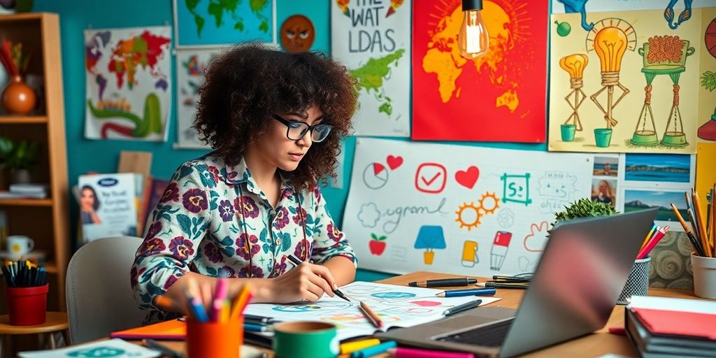 Creative workspace with art supplies and colorful sketches.