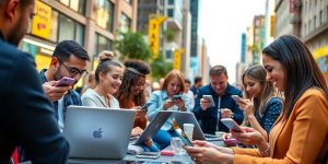 Diverse people engaging with social media in urban setting.