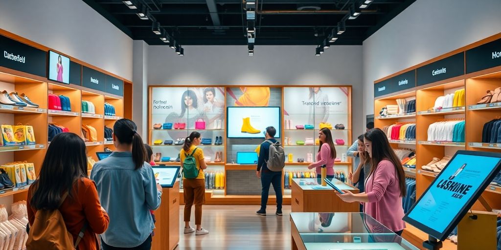 Diverse customers interact with personalized product displays in-store.