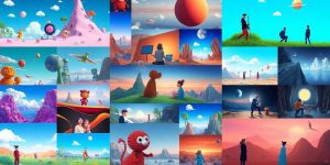 Collage of creative AI-generated video scenes with vibrant colors.