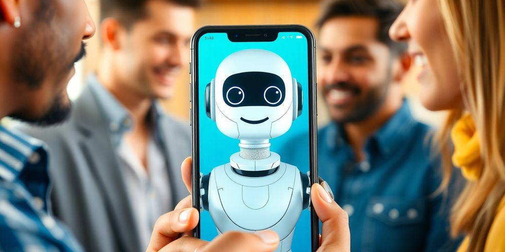 Friendly chatbot on smartphone with diverse people engaging.