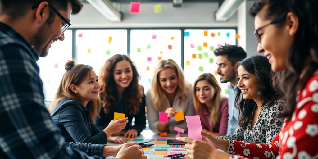 Group brainstorming with colorful notes in a modern office.