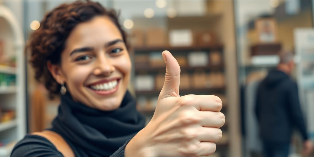 Happy customer giving thumbs up in a store.