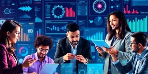 Business professionals collaborating with data and technology elements.
