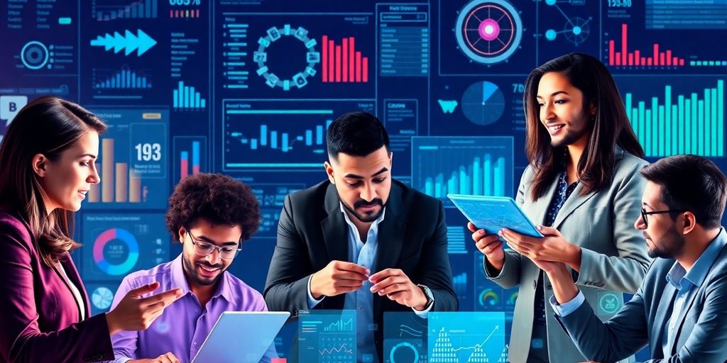 Business professionals collaborating with data and technology elements.