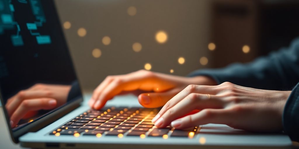 Person typing on laptop, glowing digital marketing elements.