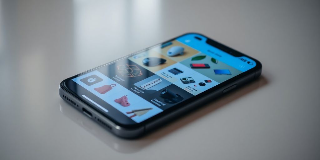 Brightly lit smartphone displaying product recommendations.