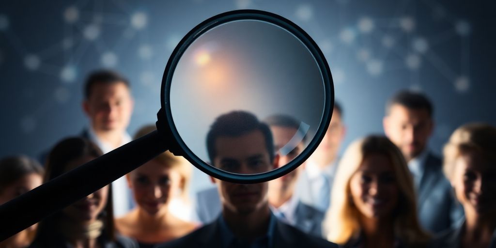 Magnifying glass over diverse business people