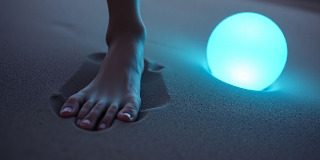 Footprints leading to glowing digital sphere