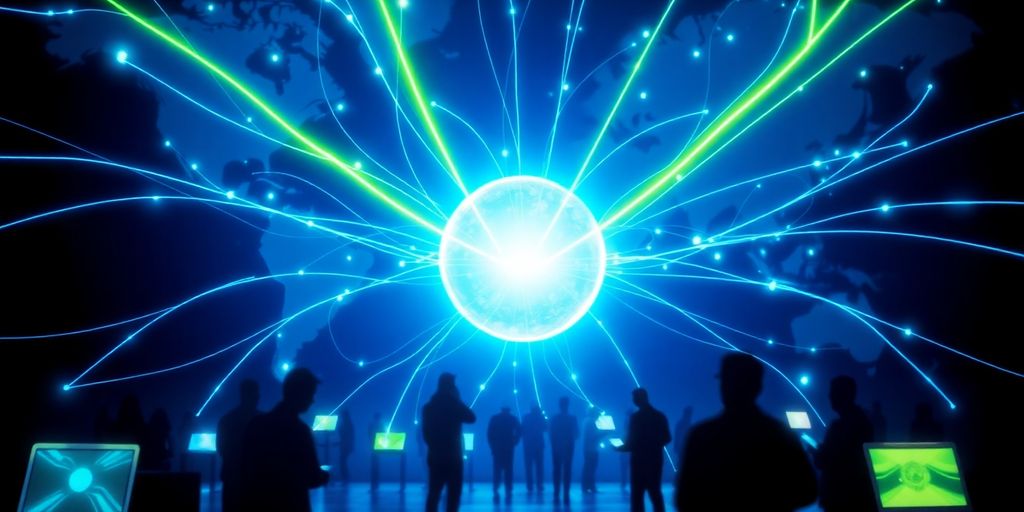 Beaming light, digital network, global connections.