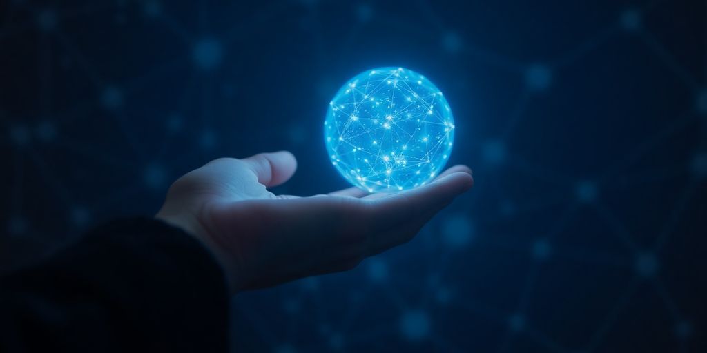 Person reaching for glowing digital sphere.