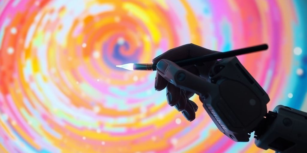 Robot hand painting vibrant, futuristic art.