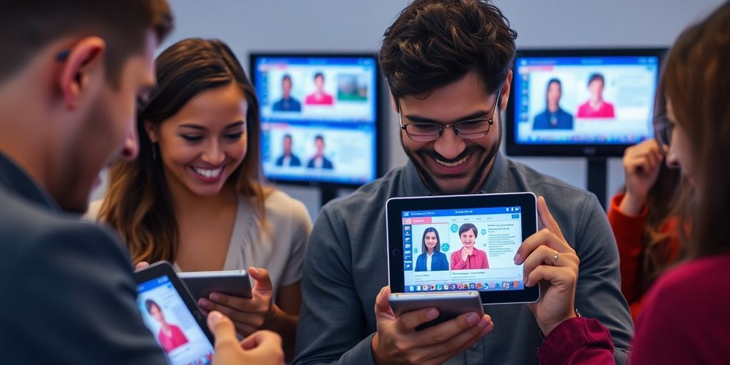 Diverse people interacting with personalized digital content.