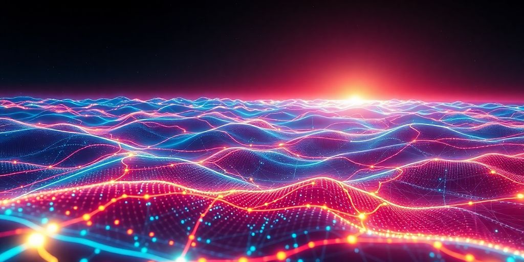 Digital landscape with glowing connections.