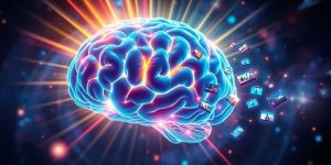 AI brain generating colorful video ideas.
