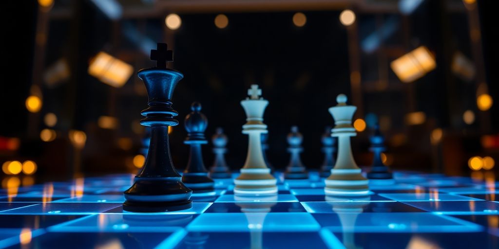Chess pieces on a glowing digital board