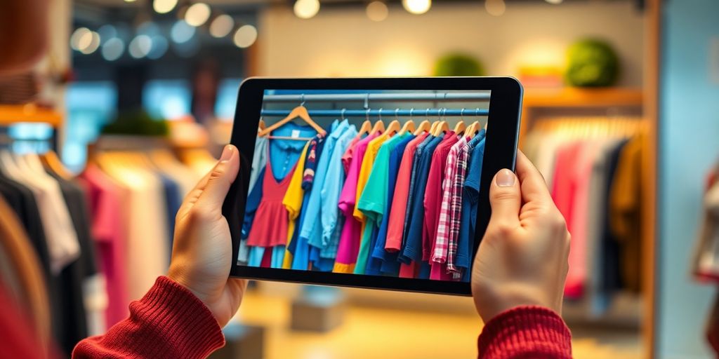 Customer happily views personalized product recommendations on screen.